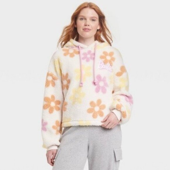 Barbie Tops - Barbie Flower Faux Sherpa Pullover Floral Hoodie Coat | Barbiecore Girlhoodcore